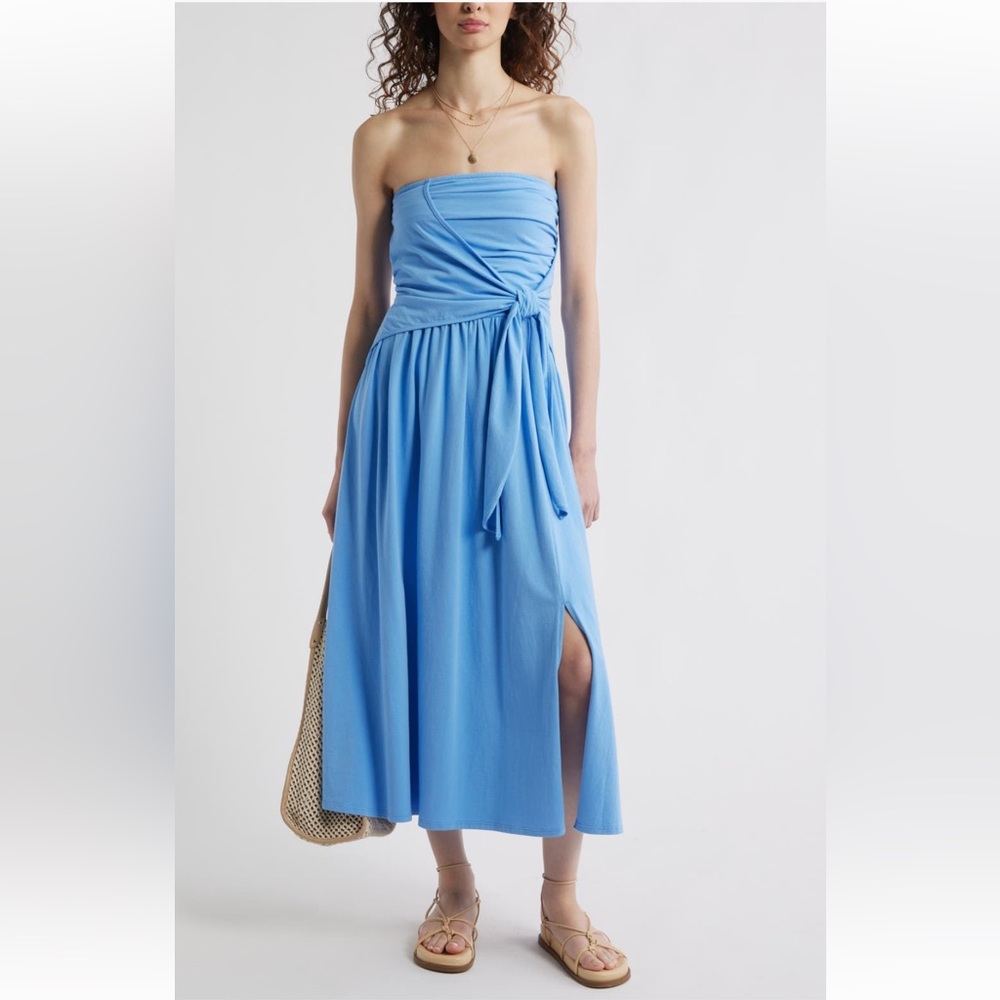 Treasure & Bond Strapless Ruched Sky-Blue Midi Dress with Side Slit